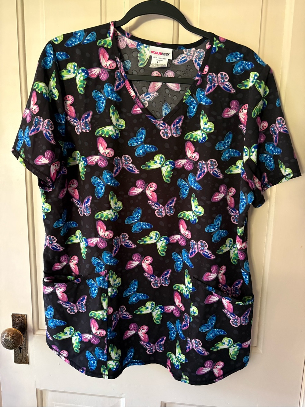 Scrubstar Black V-Neck Scrub Top with Multicolor Butterfly Print